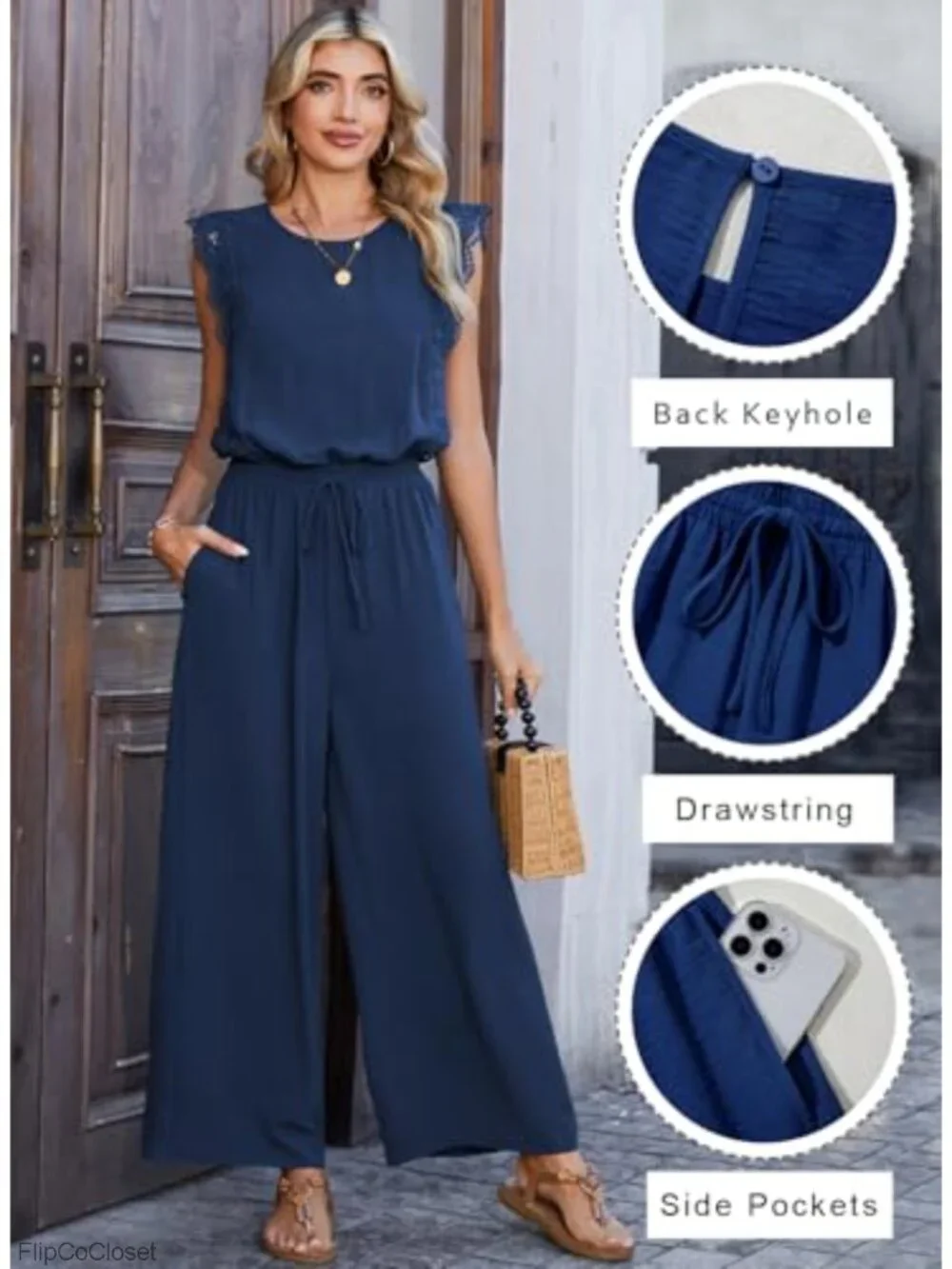 Lace Cap Sleeve Wide Leg Jumpsuit with Pockets